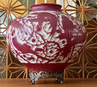 Antique Phoenix Bird Peking Glass Vases Jar Vessel Red White 10 