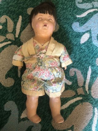 20” Creepy Antique Vintage Composition Baby Doll Tin Sleep Eyes In Kimono