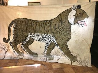 Large Antique Nepal Tibetan Canvas Painting Of A Tiger / Bengal