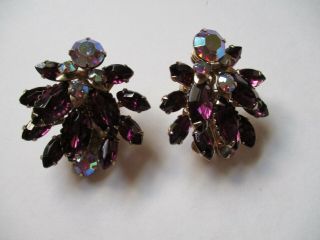 Vintage High End Purple Ab Rhinestone Clip On Earrings Jewelry Gg39