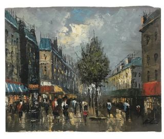 Vintage Mid Century Oil On Canvas City Street Scene - Paris? Illegibly Signed