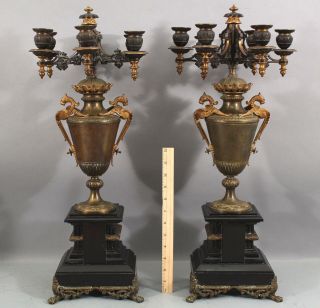 Large 19thc Antique Gilt Bronze & Slate Victorian Gothic Candlestick Candelabras