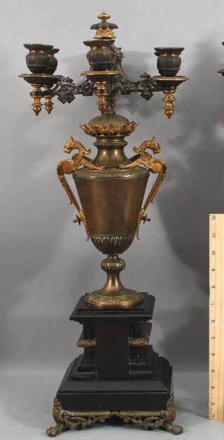 Large 19thC Antique Gilt Bronze & Slate Victorian Gothic Candlestick Candelabras 2