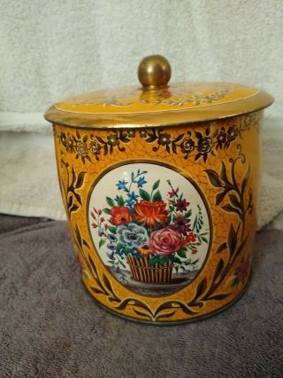 Vintage Daher Floral Tin With Lid Made In England Tea Canister Mustard Yellow