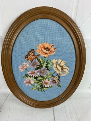 Vintage Finished Needlepoint Flowers Butterfly Oval Frame