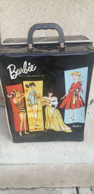 Vintage 1961 Mattel Barbie Ponytail Black Vinyl Accessories Carrying Case Trunk