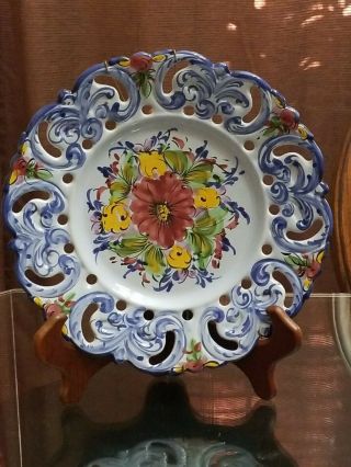 Vintage Alcobaca Hand Painted Blue Floral Wall Plate Reticulated Portugal 965
