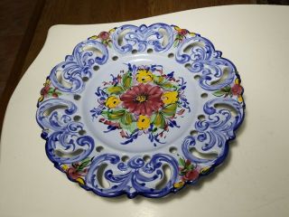 Vintage ALCOBACA Hand Painted Blue Floral Wall Plate Reticulated PORTUGAL 965 2