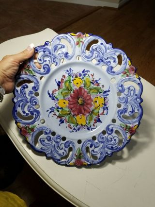Vintage ALCOBACA Hand Painted Blue Floral Wall Plate Reticulated PORTUGAL 965 3