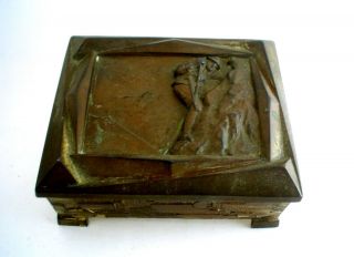 Vintage Wood Lined Cigarette Humidor Box With Mountain Climber And Brass Finish