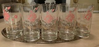 Set Of Five Vintage Mid Century Modern Pink White Gold Glasses With Roses