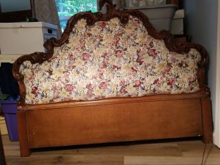 French Style Vintage Shell Carved Upholstered Ornate Queen Size Bed Headboard