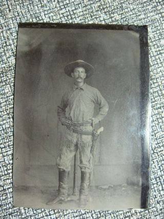 Antique Tin Type Man Dressed As A Cowboy With His Six Shooter 1860s