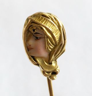 Antique Art Nouveau 14k Stick Pin With Enamel Ladies Head