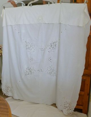 Vtg White Fabric Shower Curtain & Valance In 1 Eyelet Embroidery Scalloped 64 Sq