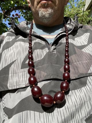 Antique Cherry Amber Bakelite Faturan Necklace Graduated Barrel Beads 96 Grams