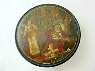 Antique Black Lacquer Snuff Box With Hand Painted Scene On Top