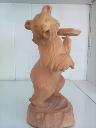 Vtg Hand Carved Russian Wooden Bear Figure W Candleholder Or Platter 10 " High