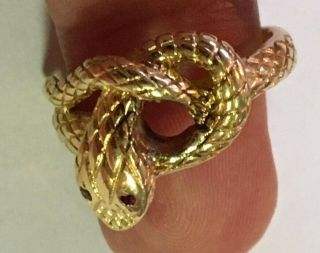 Vintage 14k Yellow Gold Snake Ring with Ruby Eyes - Size 9.  5 2