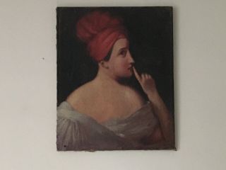 Stunning French Antique Oil Painting Woman Finger To Her Lips Shabby Chic Lady