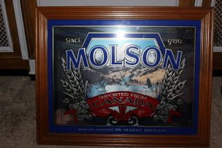 Vintage Molson Beer Mirror/sign In Wooden Frame