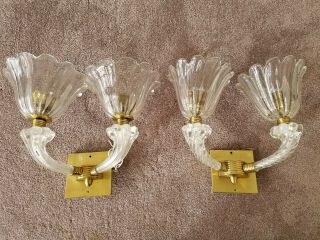 Set Of 2 Vintage Art Deco 2 Light Brass,  Murano Glass Wall Sconces; Incredible