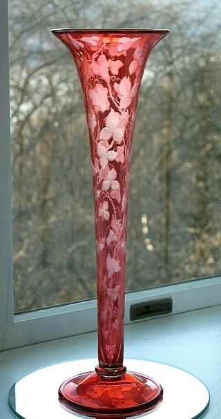 Antique Large Tall Art Nouveau Cranberry Glass Vase Engraved Acid Cut Back C1910