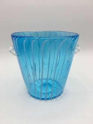 Vintage Venini Dissaronno Art Glass Hand Made Ice Bucket Blue With White Stripes