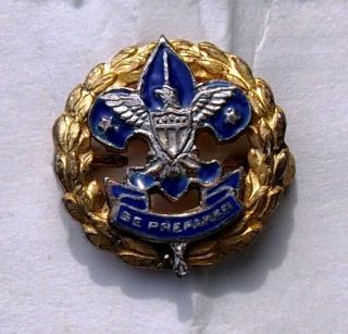 Vintage Boy Scouts Eagle " Be Prepared " Pin Sterling Silver Blue Enamel