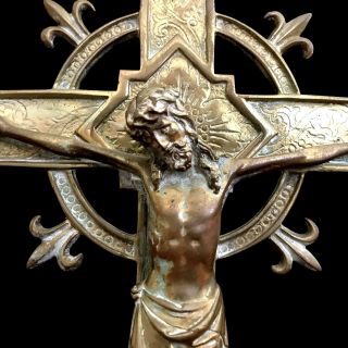 Antique Brass Altar Crucifix With Fleur De Lis,  Huge 26”
