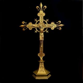 Antique Brass Altar Crucifix with Fleur de Lis,  HUGE 26” 2