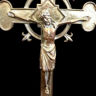 Antique Brass Altar Crucifix with Fleur de Lis,  HUGE 26” 3