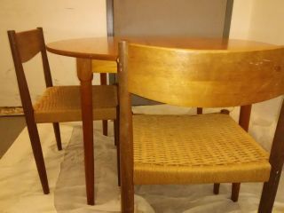 Danish Modern Teak Dining Table & 4 Teak Wood / Woven Rattan Chairs