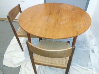 Danish Modern Teak Dining Table & 4 Teak Wood / Woven Rattan Chairs 2