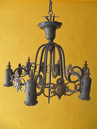 Vintage Brass Spanish Revival Tudor Gothic 6 Light Chandelier 1920 