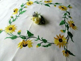 Vintage Hand Embroidered Linen Tablecloth=beautiful Sunflower Circle