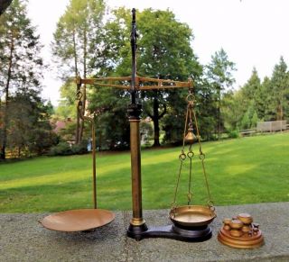 Vintage Brass Weighing Scales By W&t Avery Of Birmingham W/ Wrought Iron Stand