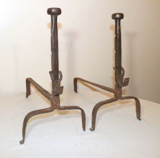 Pair Antique 18th Century Wrought Iron Trammel - Form English Fireplace Andirons