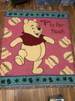 Vtg Disney Classic Winnie The Pooh Woven Throw Blanket Tapestry Fringe 56” X 50”