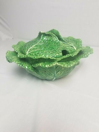 Vintage Green Cabbage Leaf Majolica Soup Tureen 921 S Made In Portugal