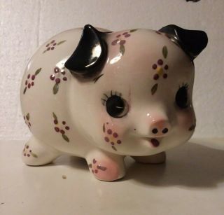 Vintage Ceramic Pink Piggy Bank With Flower Design