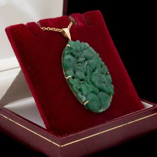 Antique Vintage Deco 14k 18k Gold Chinese Carved Jadeite Jade Pendant Necklace