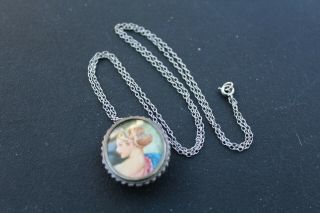 Vintage.  800 Silver Hand Painted Portrait Pin Brooch Necklace Sterling Chain