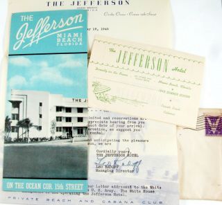 Vintage 1945 Jefferson Hotel Brochure & Price List,  Letter,  Miami Beach Florida