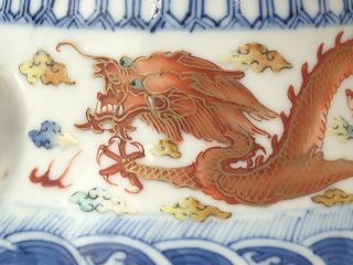 Old Antique Chinese Antique Blue & White Porcelain Teapot With Red Orange Dragon