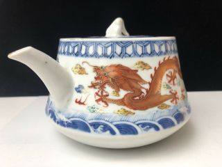 Old Antique Chinese Antique Blue & White Porcelain Teapot With Red Orange Dragon 3