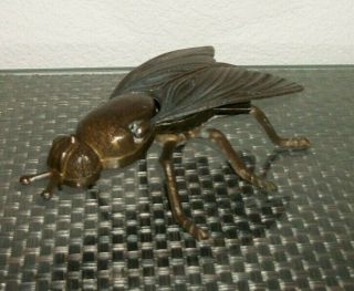 House Fly Bug Brass Metal Ashtray With Hinged Top 7 " Long Patina Vintage