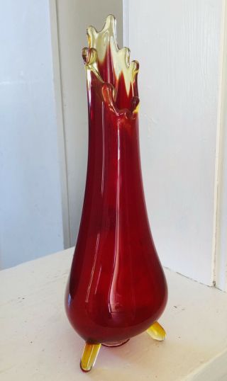 Vintage Viking Glass Vase Flame Red Orange Yellow 11” Tall Art Deco Tri Foot