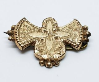 Petite Antique Gold Gilt Brass & Plate Victorian Repousse Etched Floral Brooch