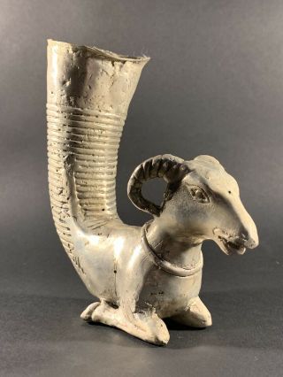 ANCIENT PERSIAN SILVER RHYTON WITH HORNED RAM HEAD LARGE SIZE - CIRCA 400BCE 2